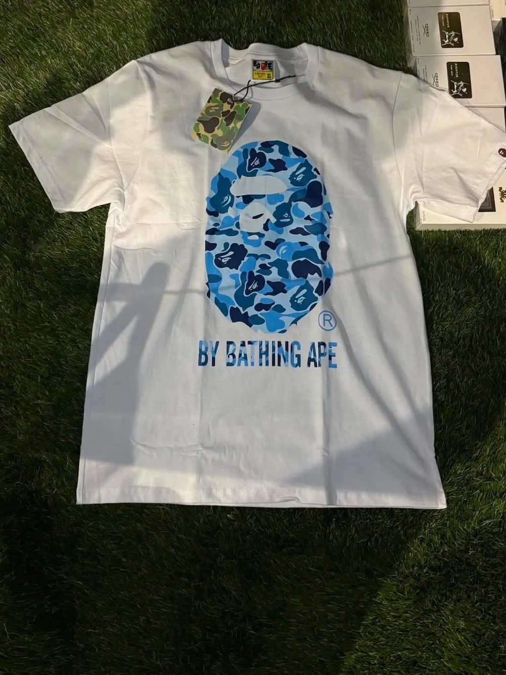 Bape White Tee with Black Ape Outline Graphic